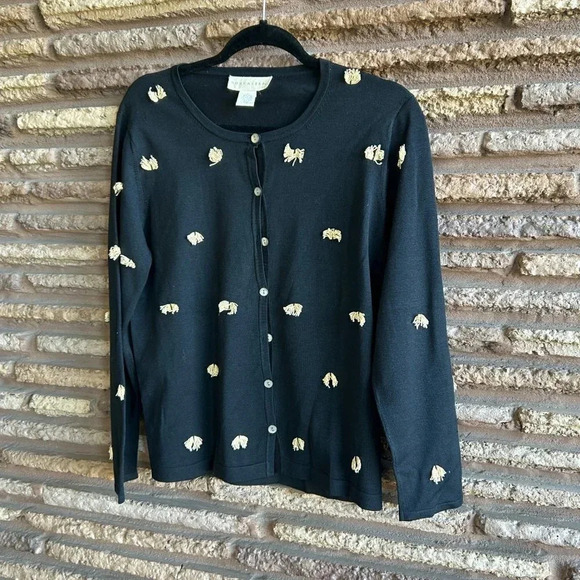 Doncaster Black Tan Fringe Lightweight Silk Blend Cardigan Sweater Size Large - Picture 4 of 5